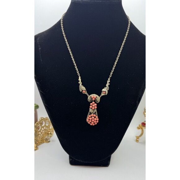 Vintage Victorian Revival Necklace Brass Faux Coral Czech Art Nouveau - Picture 8 of 8